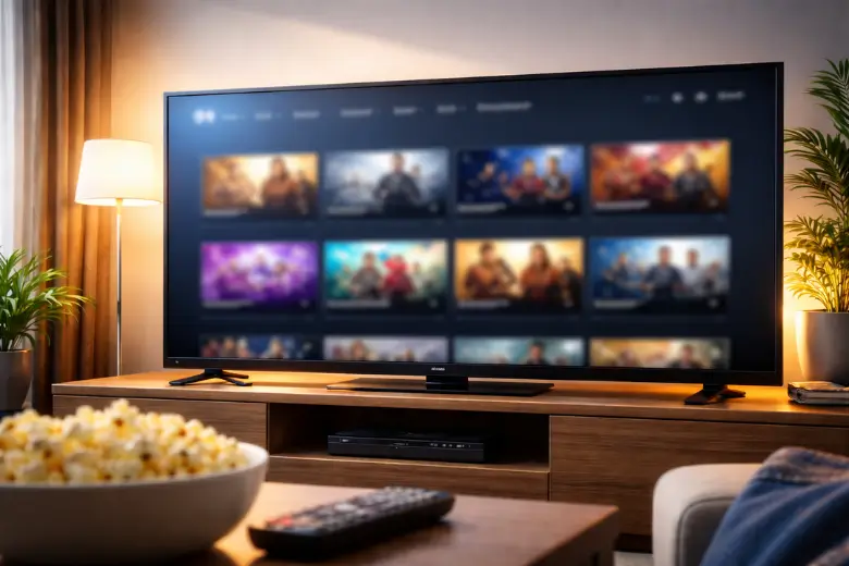 Ambiente doméstico com TV exibindo catálogo genérico de streaming para comparação de plataformas