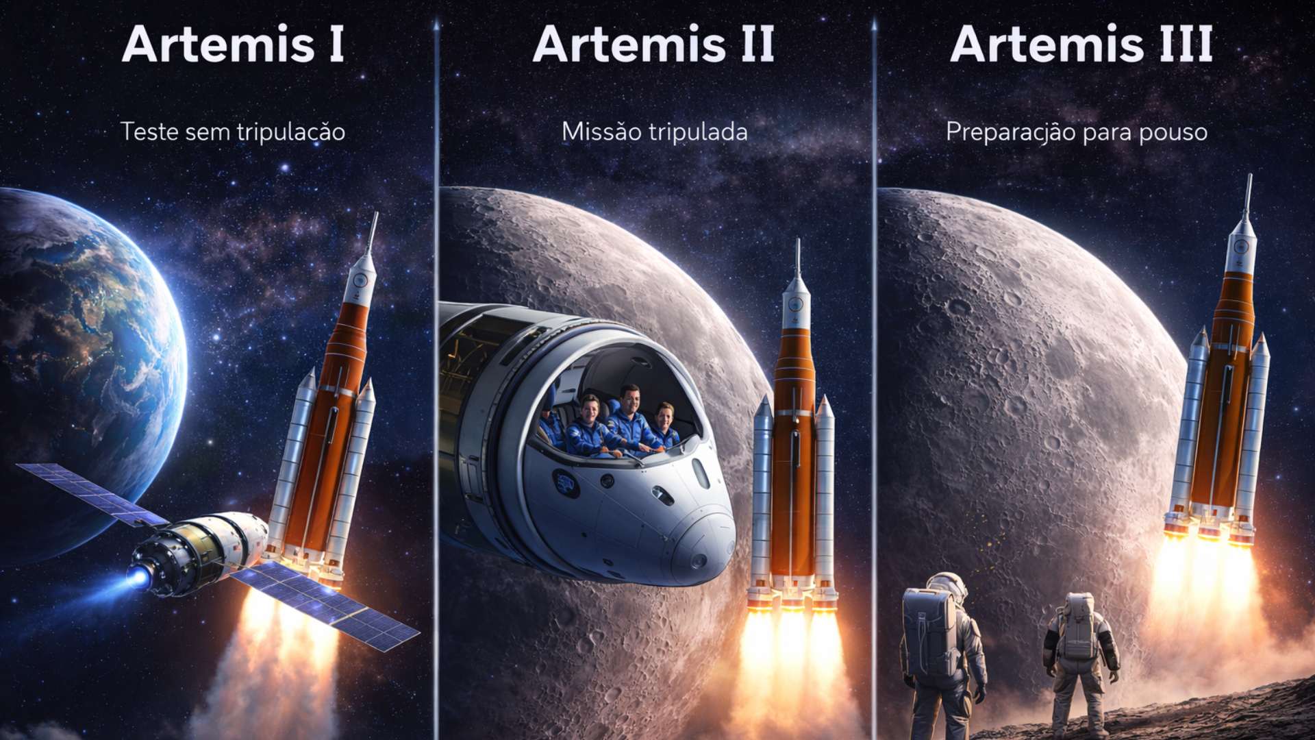 Qual é a diferença entre Artemis I, Artemis II e Artemis III